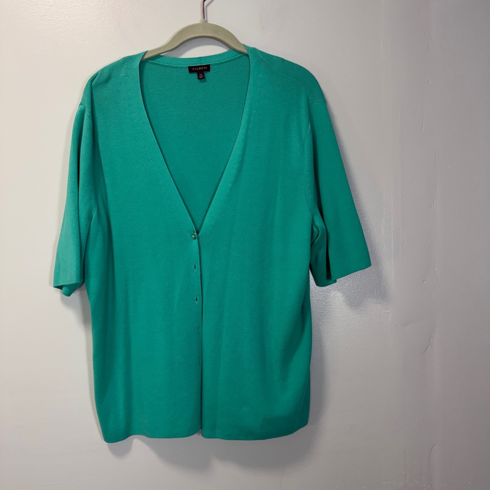 Talbots Womens XL Green V-Neck Short Sleeve Button Front Cardigan Sweater